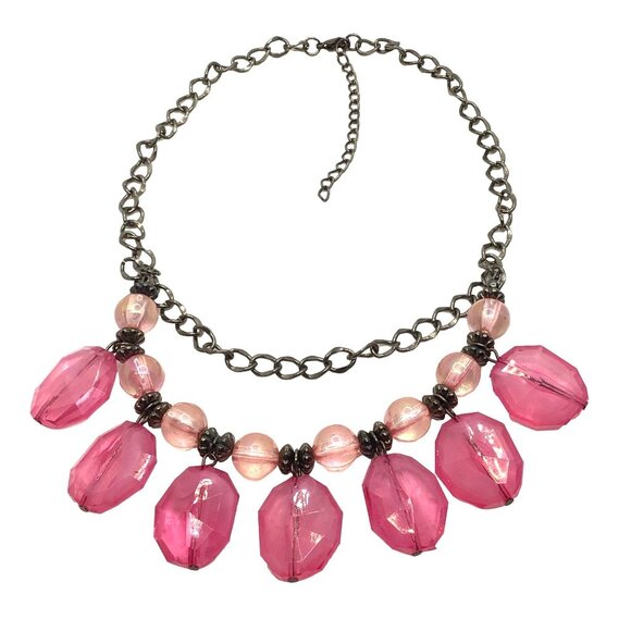 Beaded Fringe Necklace Fun Flirty Pink Silver Tone Adjustable Length - Picture 2 of 2